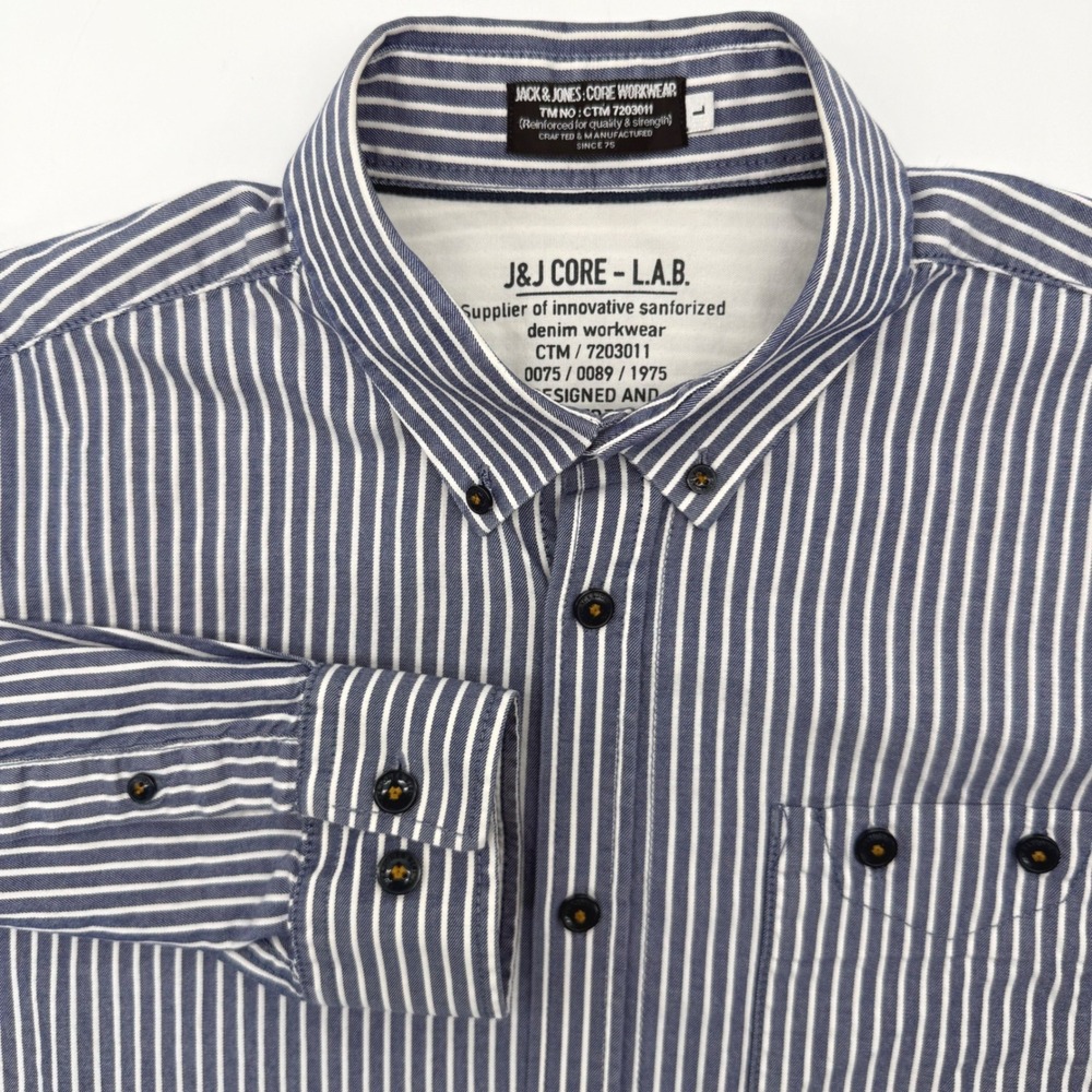Jack & Jones Shirt Mens L Blue White Pack Shirt L/S Core Campaign Striped Denim